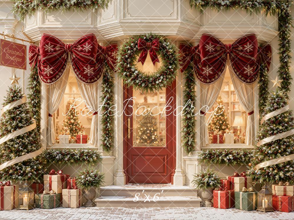 Kate Christmas Doorway Boutique Red Bow Garland Christmas Trees Printed Backdrop Designed by Emetselch