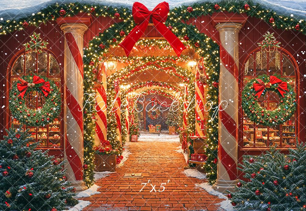 Kate Christmas Garland Wreath Red Bows Candy Cane Columns Path Backdrop Designed by Emetselch