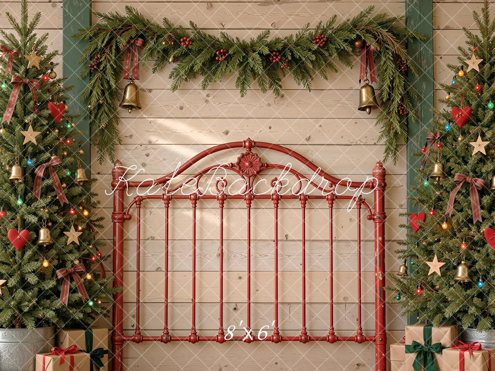 Kate Christmas Trees Red Iron Headboard Garland Printed Backdrop Designed by Shutter Swan Studios