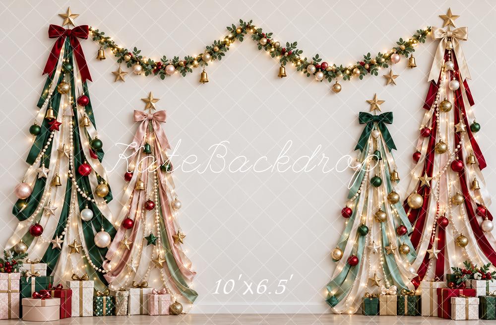 Kate Christmas Ribbon Trees Garland Gifts Lights Printed Backdrop Designed by Vertigo Productions