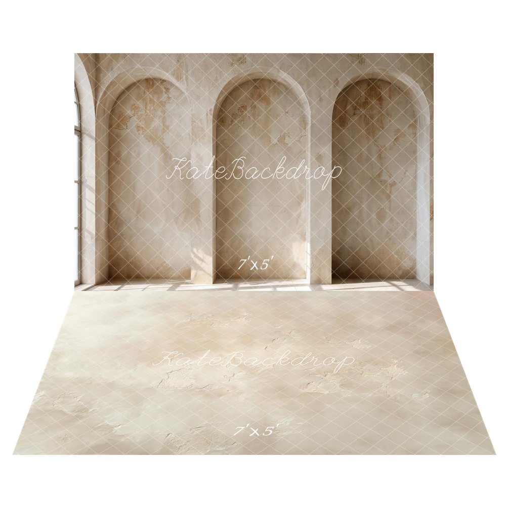 Kate Vintage Arched Alcove Wall Printed Backdrop+Beige Abstract Texture Printed Floor Backdrop