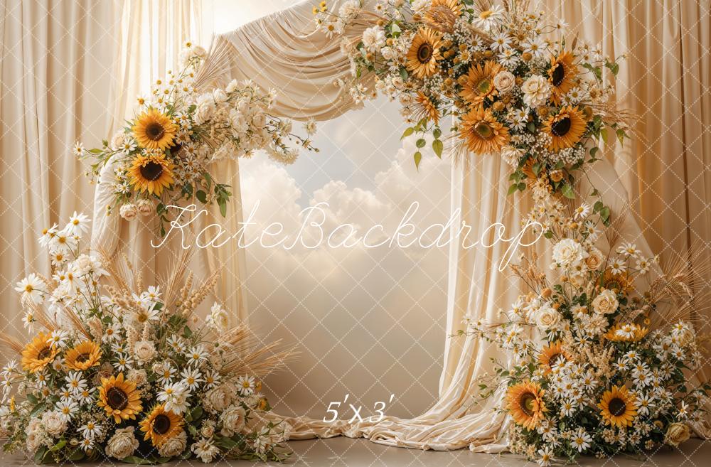 Kate Summer Flower Arch Sunflower Cream Drapes Printed Backdrop Designed by Emetselch