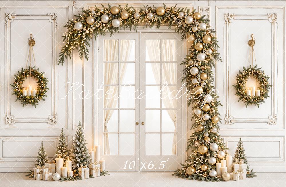 Kate Christmas White Gold Garland Wreaths French Doors Printed Backdrop Designed by Emetselch