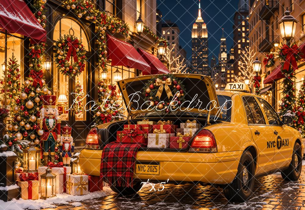 Kate Christmas Urban Yellow Taxi Gift City Street Shop Printed Backdrop Designed by Emetselch