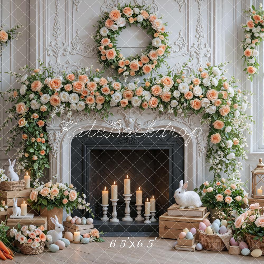 Kate Easter Bunny Floral Fireplace Pastel Eggs Backdrop Designed by Mini MakeBelieve
