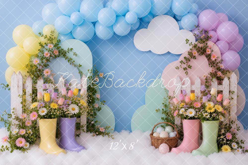 Kate Easter Rain Boots Floral Balloon Arch Picket Fence Printed Backdrop Designed by Ashley Ward