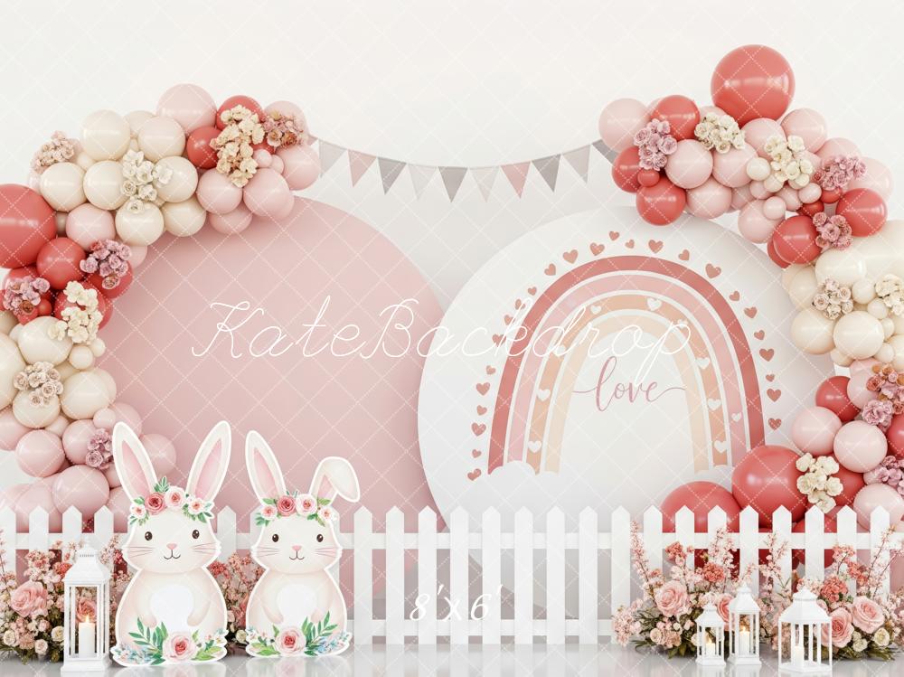 Kate Easter Bunny Pink Balloon Arch Floral Rainbow Backdrop Designed by Patty Roberts