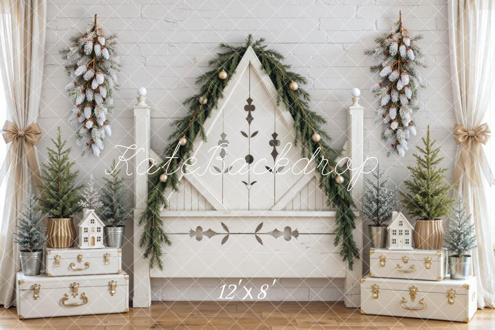 Kate Christmas Triangle Headboard Garland Frosted Trees Rustic White Printed Backdrop Designed by Mini MakeBelieve