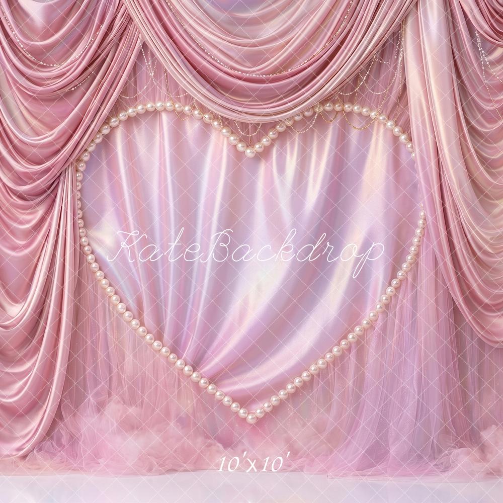 Kate Valentines Romantic Pink Drapes Pearl Heart Printed Backdrop Printed Backdrop Designed by Angela Miller