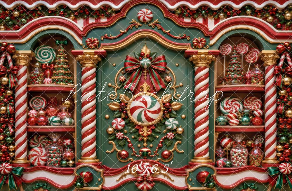Kate Christmas Candy Peppermint Shop Green Red Printed Backdrop Designed by Vertigo Productions