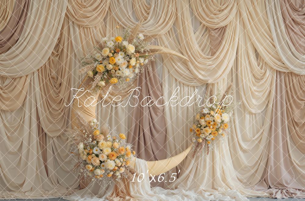 Kate Beige Drapes Crescent Moon Flower Printed Backdrop Designed by Mini MakeBelieve