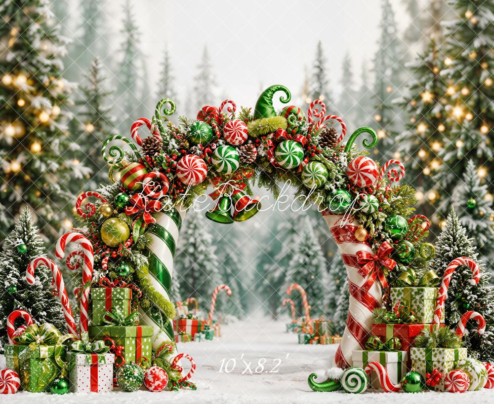 Kate Christmas Green Fantasy Candy Arch Forest Presents Snowy Printed Backdrop Designed by Emetselch