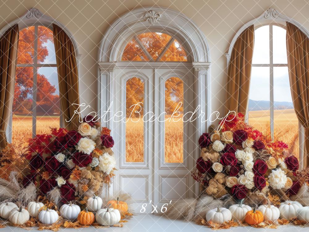 Fall Floral Arch Window Pumpkins Boho Backdrop Designed by Mini MakeBelieve