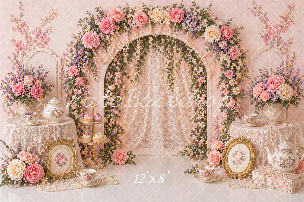 Kate Flower Arch Pink Floral Tea Set Printed Backdrop Designed by Caitlin Lynch