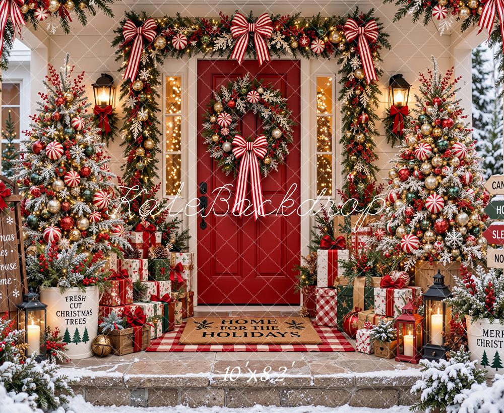 Kate Christmas Red Front Door Peppermint Trees Garland Snow Printed Backdrop Designed by Shutter Swan Studios