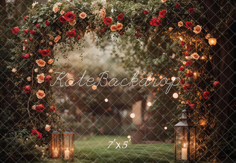 Fondo de jardín con arco de flores romántico de San Valentín diseñado por Emetselch