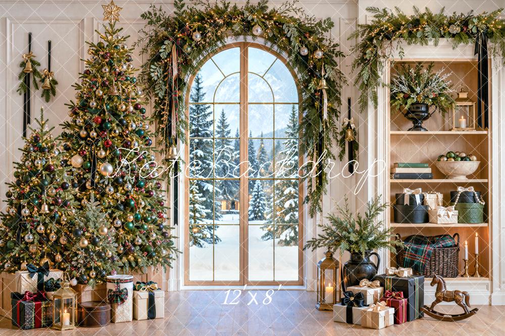 Kate Christmas Tree Garland Arched Window Shelf Printed Backdrop Designed by Mini MakeBelieve