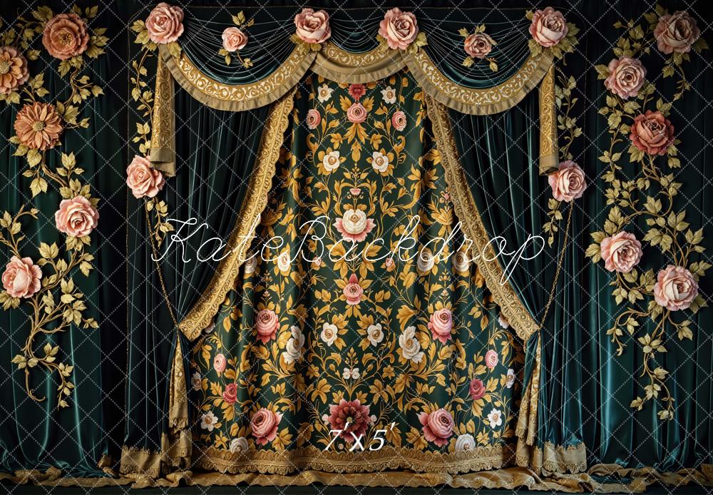 Kate Vintage Renaissance Curtain Curtain Gold Trim Pink Roses Backdrop Designed by Mini MakeBelieve