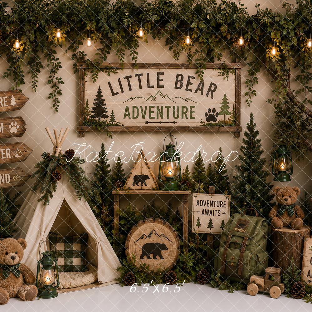 Kate Kids Birthday Forest Adventure Camping Teepee Bear Printed Backdrop Designed by Ashley Paul