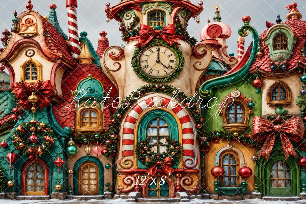 Kate Christmas Whimsical Candy House Clocktower Printed Backdrop Designed by Vertigo Productions