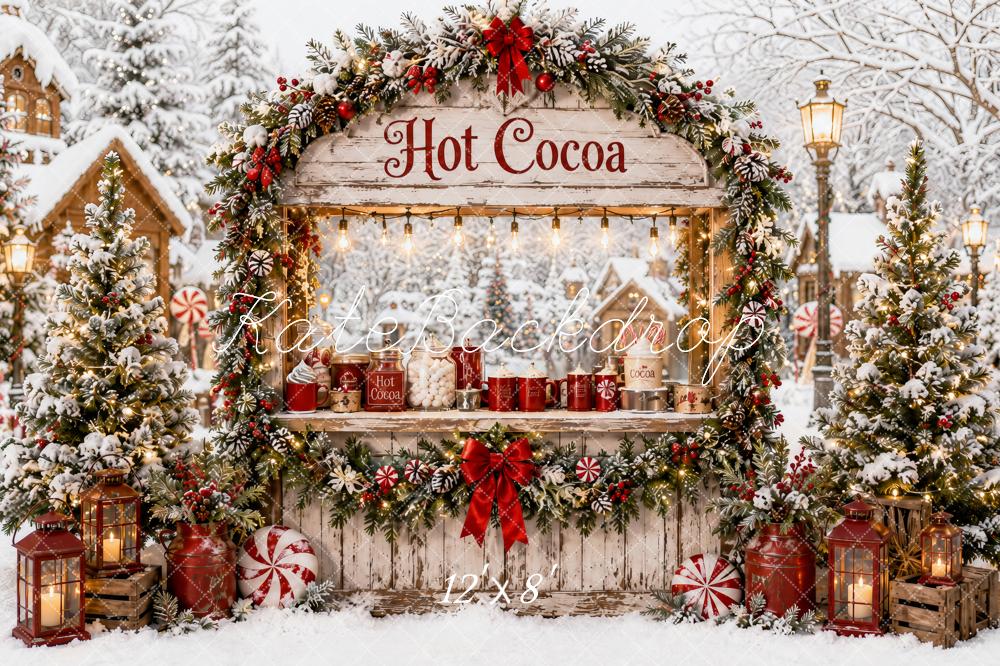 Kate Christmas Vintage Hot Cocoa Stand Snowy Village Trees Printed Backdrop Designed by Ashley Paul