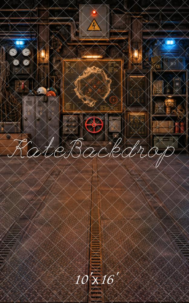 Kate Sweep Steampunk Industrial Control Room Metal Floor Printed Backdrop Designed by Vertigo Productions