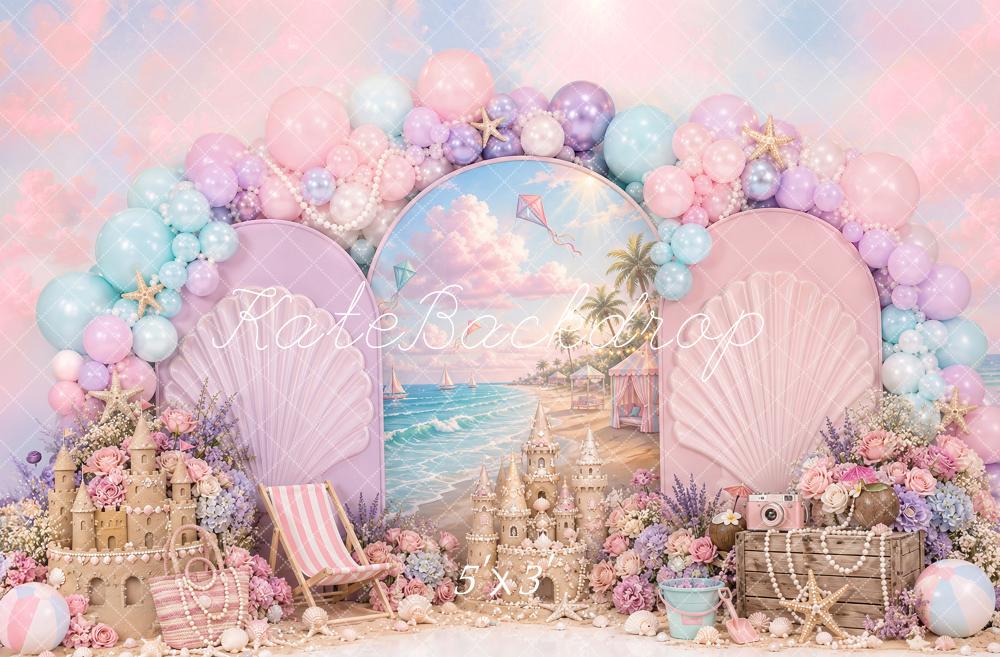 Kate Mermaid Pink Beach Shell Balloon Sandcastle Printed Backdrop Designed by Ashley Paul