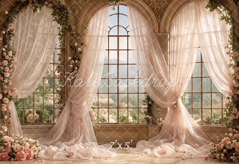 Kate Prom Pink Flower Arch Large Window Draped Curtains Printed Backdrop Designed by Emetselch