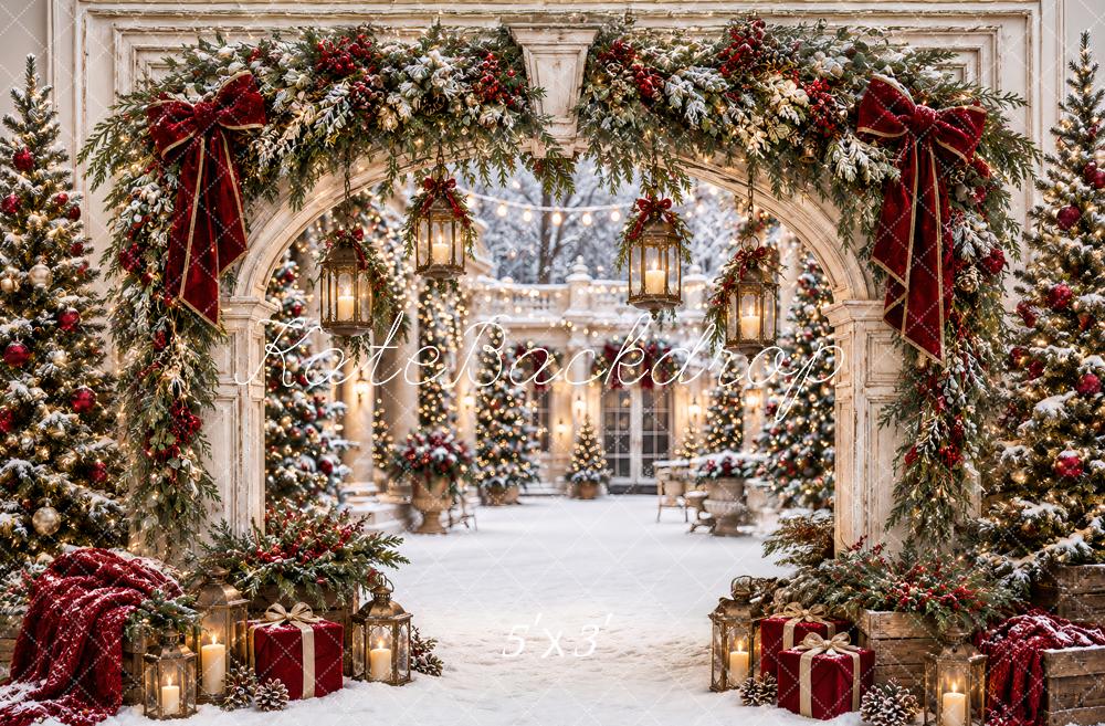 Kate Christmas White Archway Red Velvet Garland Trees Lanterns Printed Backdrop Designed by Ashley Paul