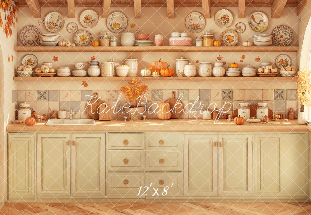 Kate Fall Kitchen Cabinets Pumpkins Shelves Plates Rustic Backdrop Designed by Emetselch