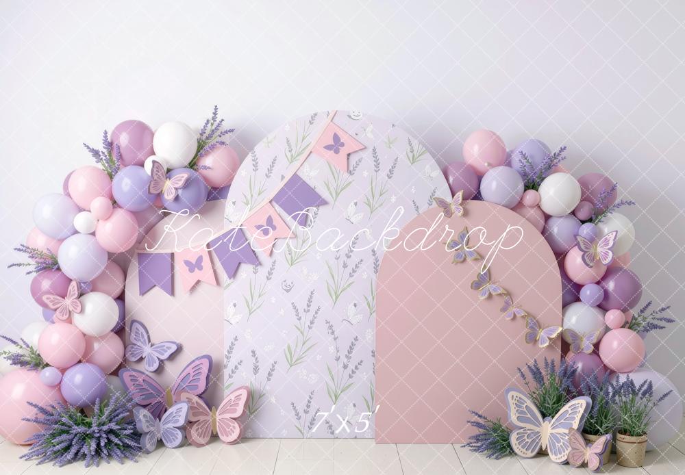 Kate Birthday Pastel Purple Balloon Arch Butterfly Lavender Panels Printed Backdrop Designed by Mini MakeBelieve