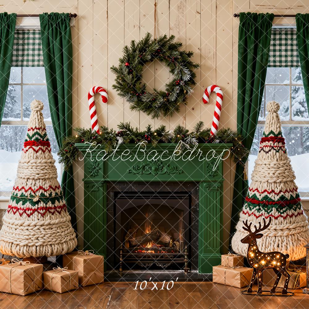 Kate Christmas Fireplace Yarn Trees Wreath Garland Presents Backdrop Designed by Emetselch
