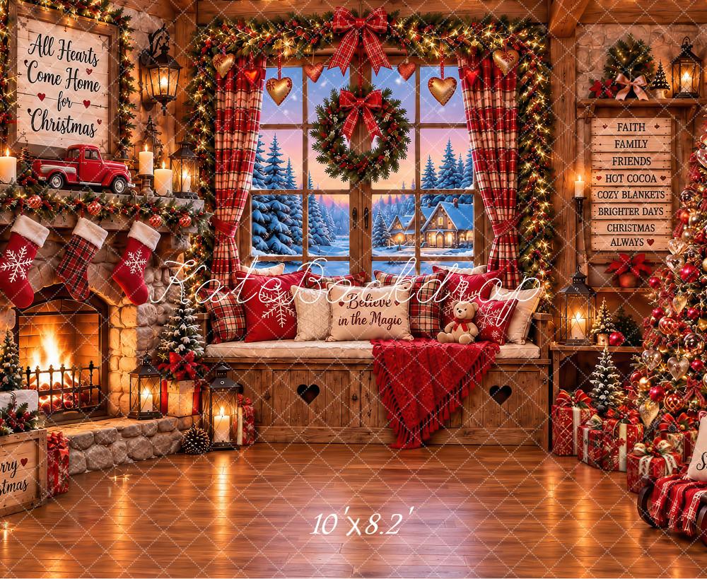Kate Christmas Rustic Cabin Fireplace Window Wreath Trees Printed Backdrop Designed by Laura Bybee