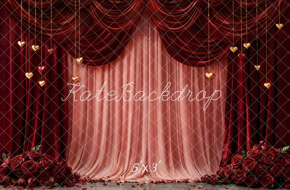 Kate Valentine's Day Red Curtains Pink Drapes Gold Hearts Roses Backdrop Designed by Emetselch