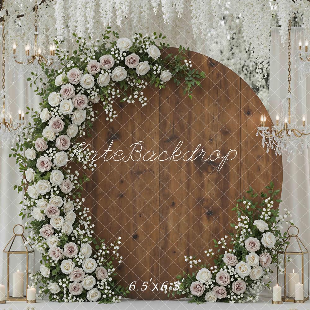 Kate Spring Circle Flower Arch Chandeliers Wood Curtains Backdrop Designed by Mini MakeBelieve