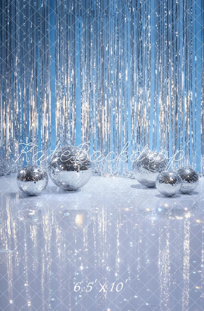 Kate Disco Silver Balls Tinsel Curtain Blue Printed Backdrop Designed by Emetselch