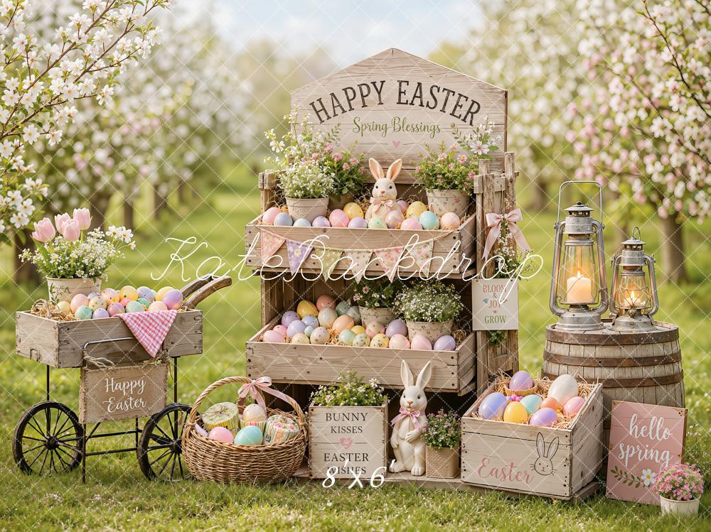 Kate Easter Spring Egg Flower Cart Bunny Cherry Blossoms Printed Backdrop Designed by Emetselch