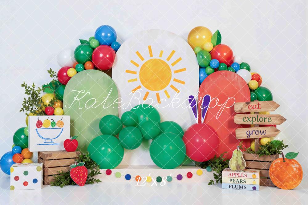 TEST Kate Cake Smash Colorful Catepillar Balloon Sun Fruit Crates Printed Backdrop Printed Backdrop Designed by Mini MakeBelieve