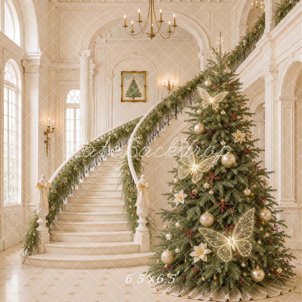 Kate Christmas Tree Cascading Stairs Butterfly Lights Elegant Printed Backdrop Designed by Emetselch