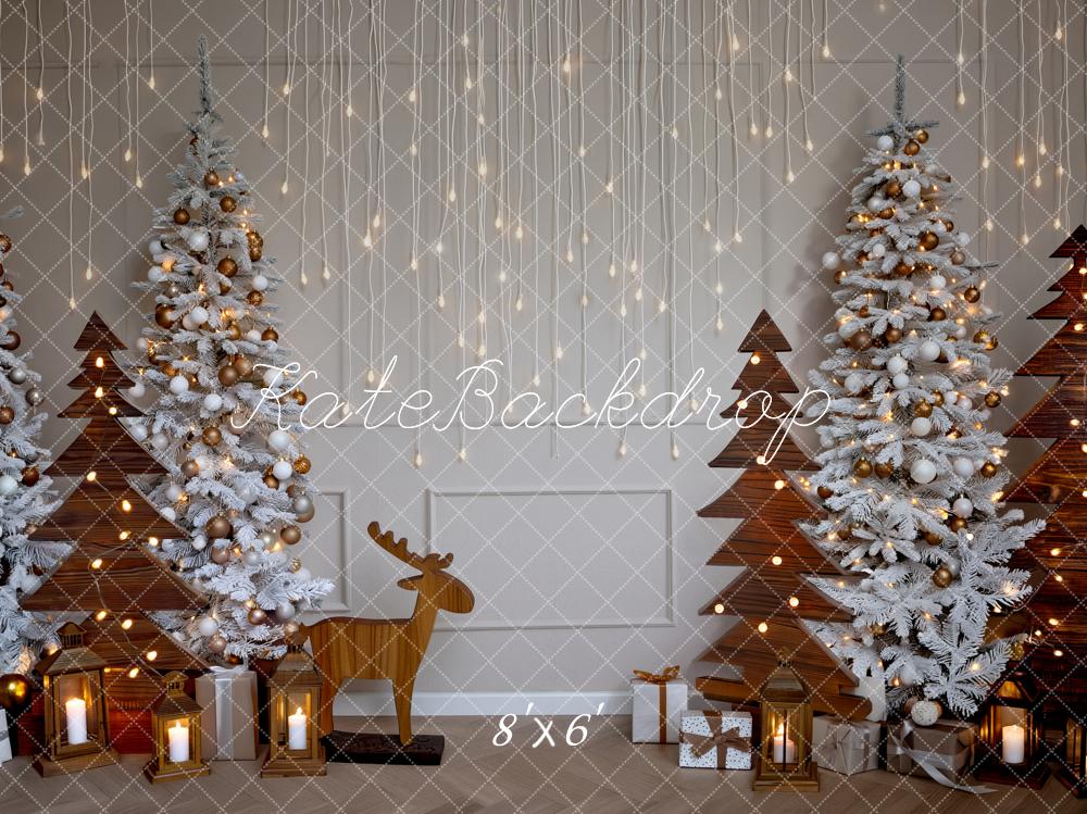 Kate Christmas Trees Wooden Reindeer Lanterns Printed Backdrop Designed by Fantasyphotoart