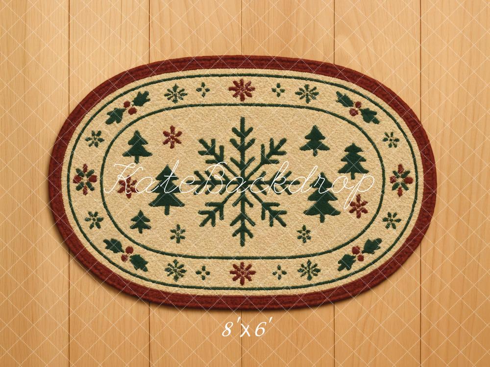 Kate Christmas Snowflake Pine Tree Oval Rug Wooden Printed Floor Backdrop Designed by Mini MakeBelieve