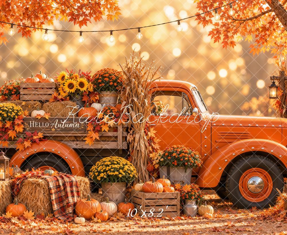 Kate Fall Orange Vintage Truck Pumpkin Harvest Forest Printed Backdrop Designed by Emetselch