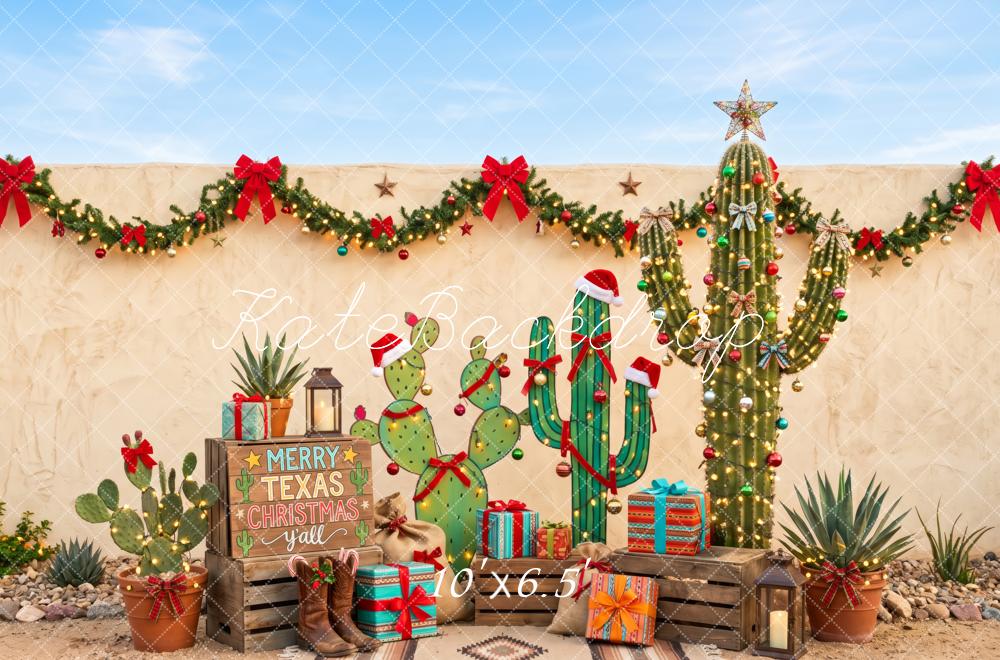 Kate Christmas Western Texas Cactus Garland Presents Printed Backdrop Designed by Patty Roberts