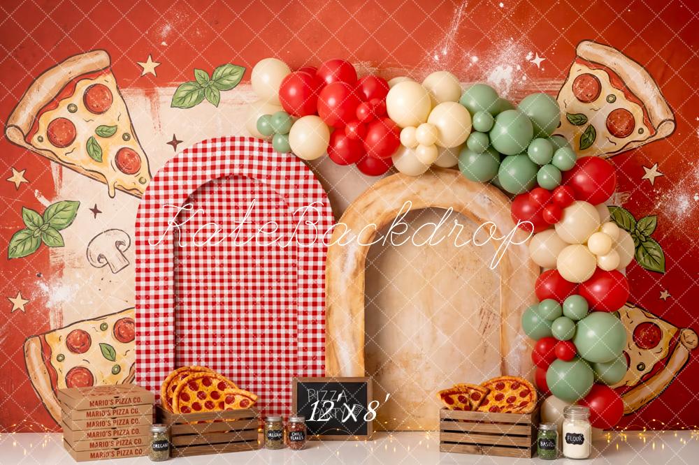 Kate Cake Smash Pizza Party Red Checkered Balloon Arch Printed Backdrop Designed by Patty Roberts