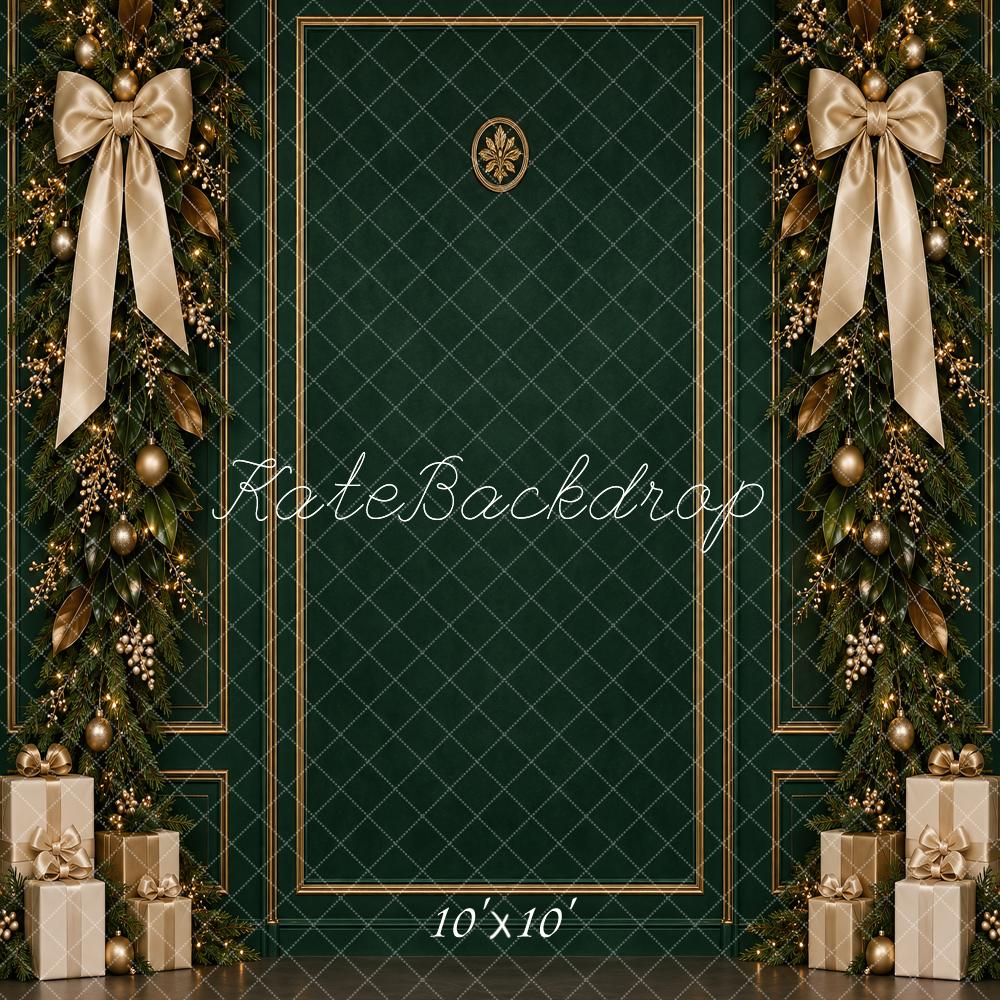 Kate Christmas Green Gold Garland Bows Gifts Printed Backdrop Designed by Vertigo Productions