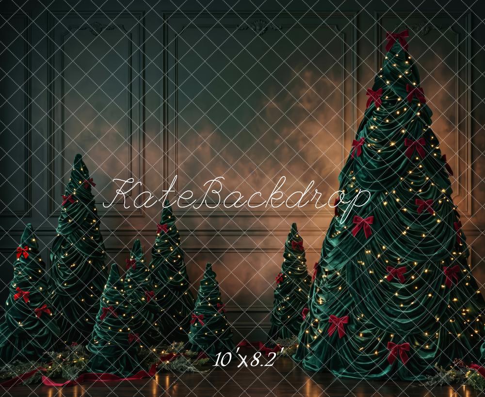 Kate Christmas Trees Dark Moody Red Bows Lights Printed Backdrop Designed by Patty Roberts