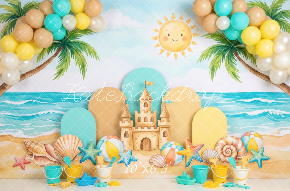 Kate Summer Beach Sandcastle Palm Trees Shells Balloons Printed Backdrop Designed by Patty Roberts