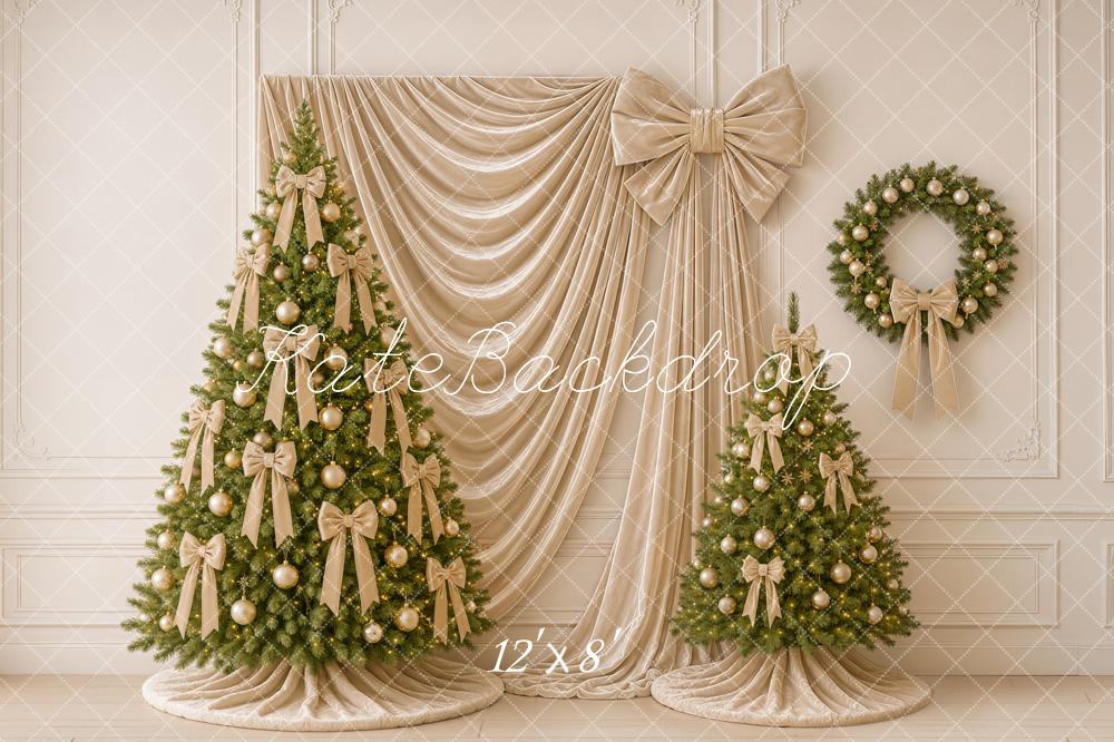 Kate Christmas Tree Gold Bow Wreath Draped Curtain Printed Backdrop Designed by Emetselch