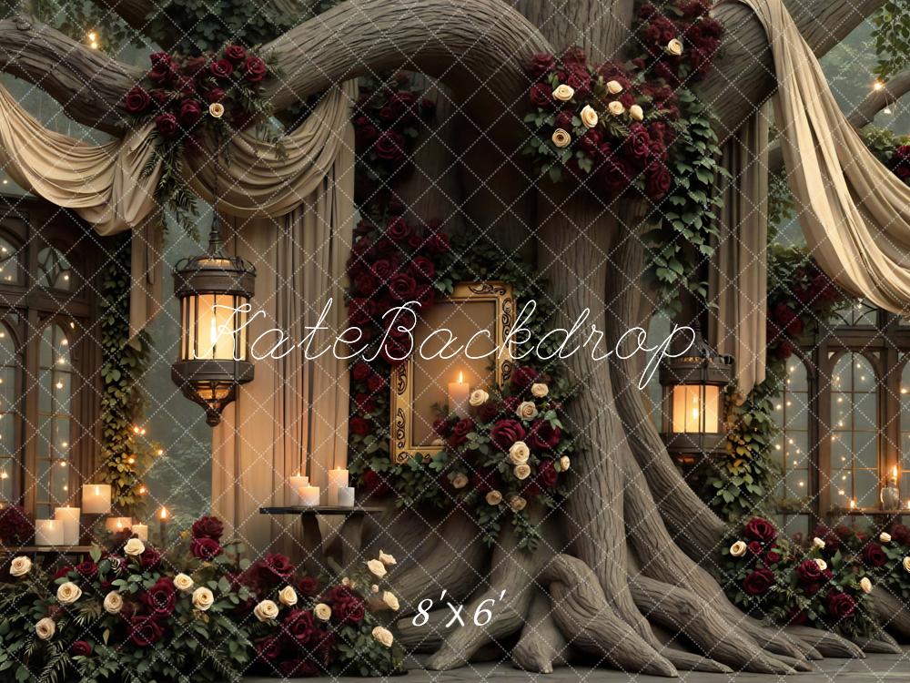Kate Valentine Fairy Fantasy Tree Drapes Roses Lanterns Candles Backdrop Designed by Mini MakeBelieve