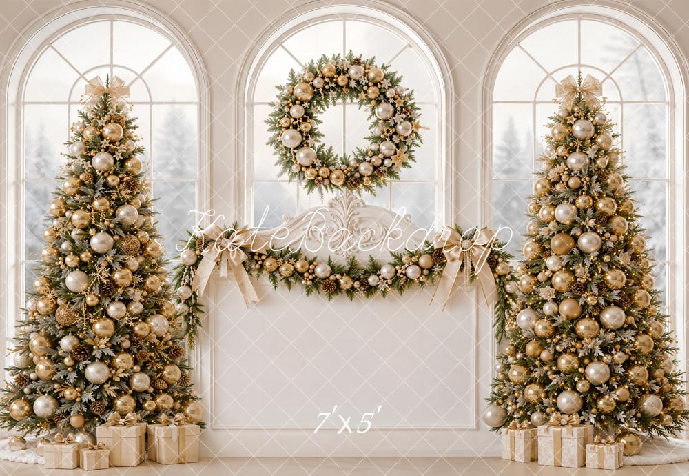 Kate Christmas Headboard Gold Christmas Trees Wreath Garland Window Printed Backdrop Designed by Emetselch